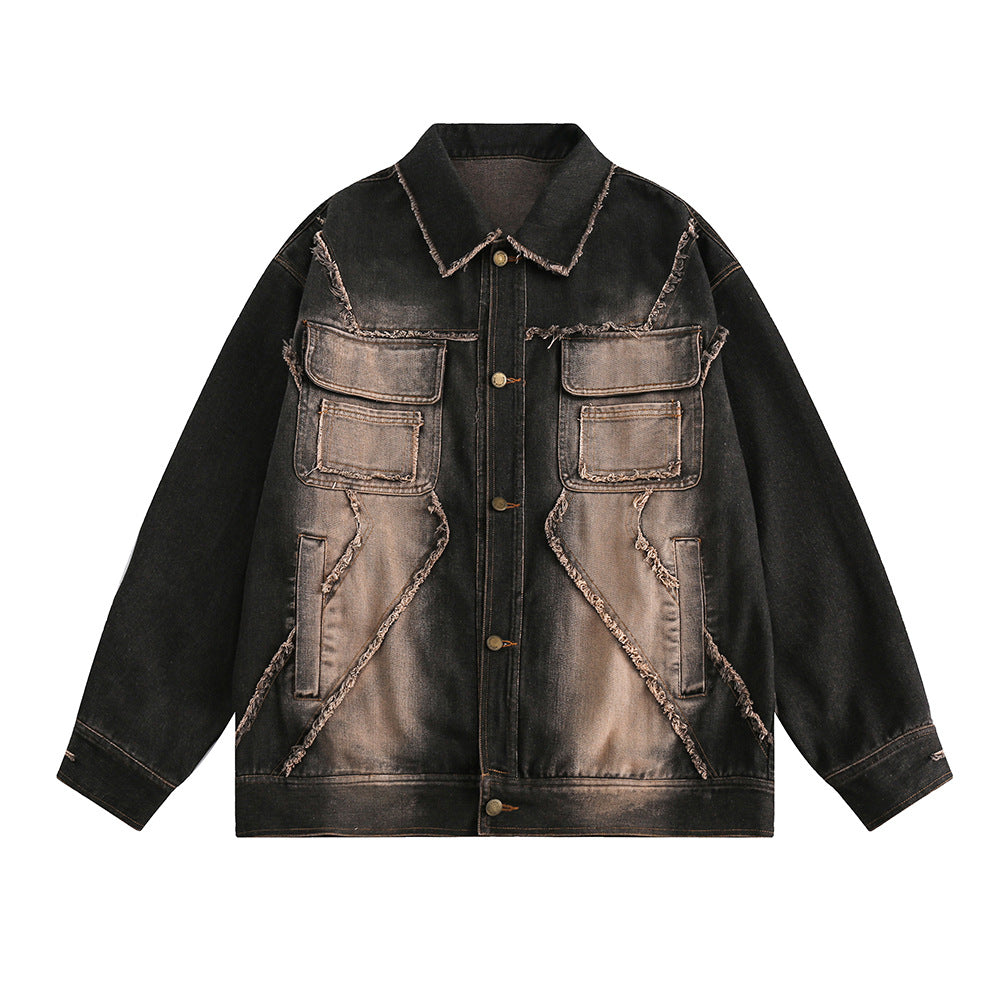 Punk Design Stitching Cat Raw-cut Edges Turn-down Collar Coat