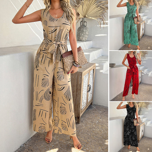 Casual Resort-Style Rayon Printed High-Waisted Jumpsuit With Pockets