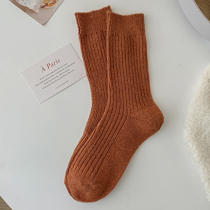 Solid-color Vertical-striped Wool Womens Socks For Fall And Winter