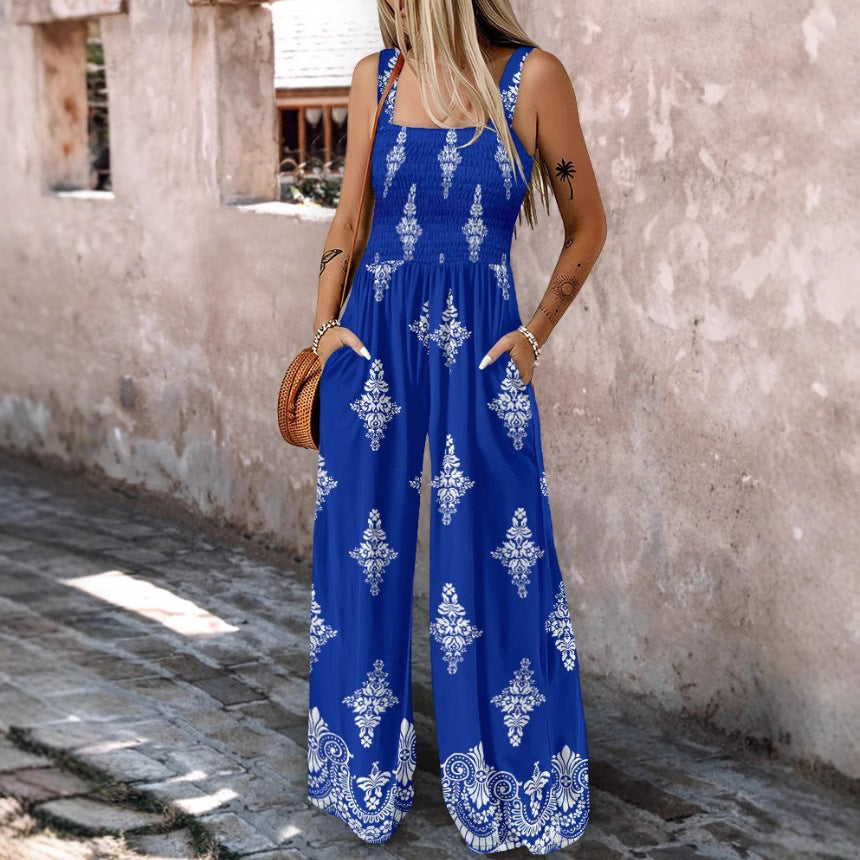 Woven Positioning Printing Women's Sling Pocket Wide Leg Jumpsuit
