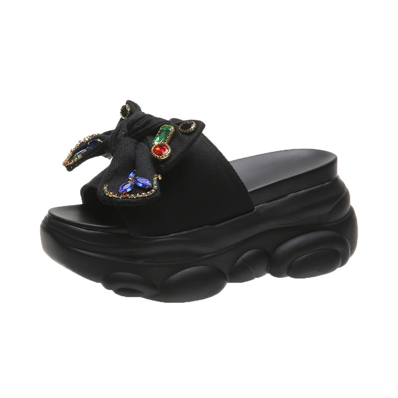 Women's Rhinestone Bow Slip-On High Heel Slippers