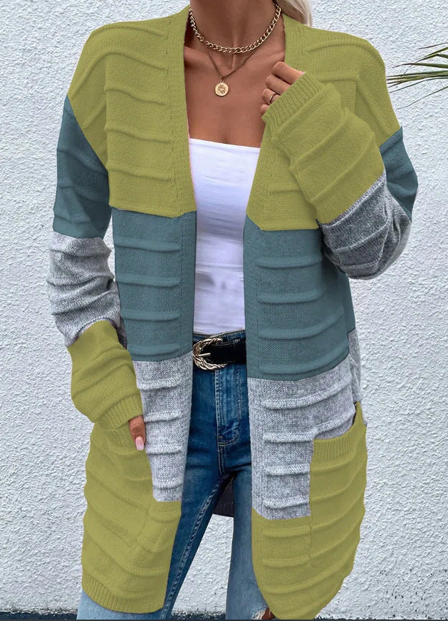 Amazon AliExpress Sweater Women's Fashion Jacket With Big Pockets Autumn And Winter Long Striped Color Matching Cardigan