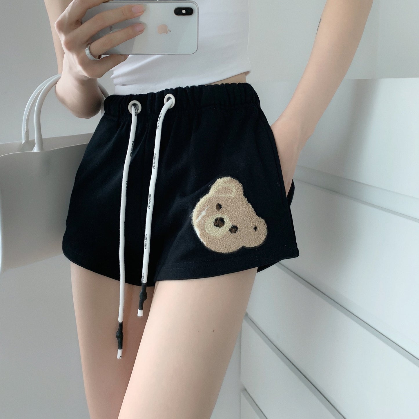 Cute Towel Embroidered Bear Wide Leg Pants