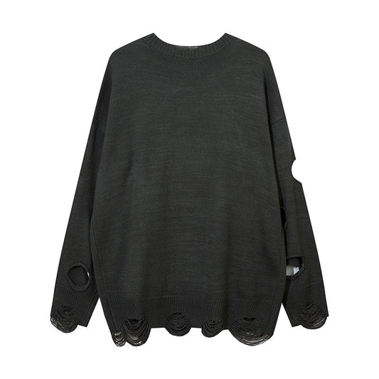 Heavy Industry Ripped Hollow-out Round Neck Sweater Bf Idle Style