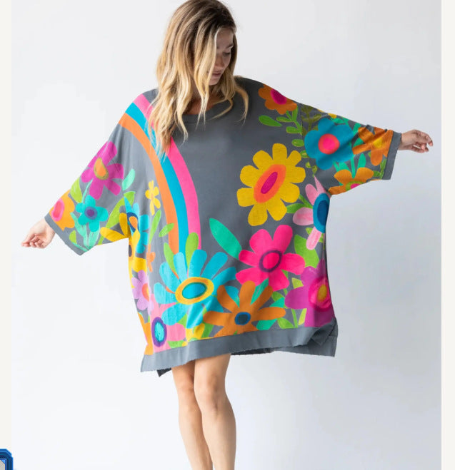 Loose Large Design Printed Crew Neck Sweatshirt Women