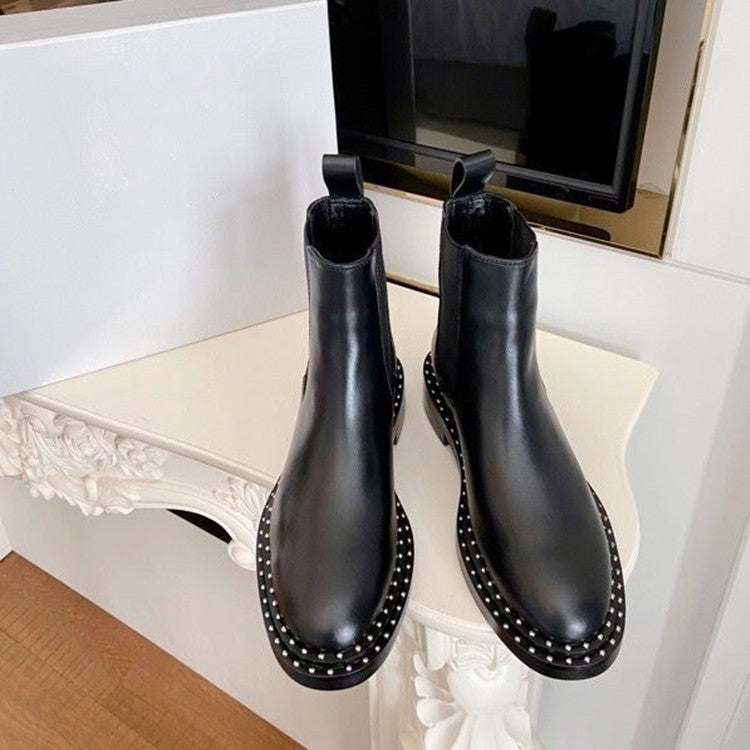 Flat Short British Style Studded Leather Women's Boots