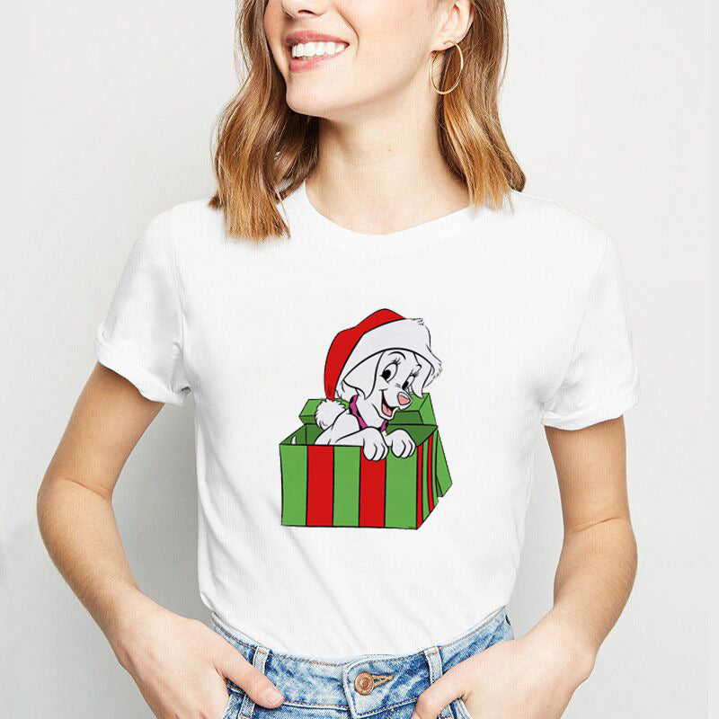 Christmas Lady Cute Dog Printed Short-sleeved Top Casual