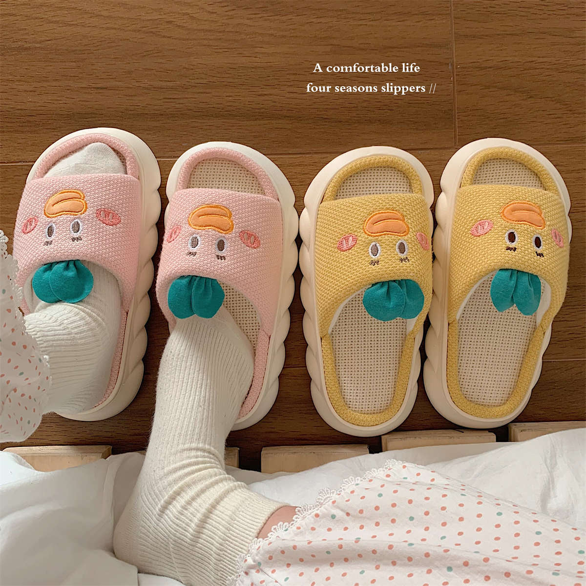 Home Cute Soft Thick Bottom Floor Cotton Linen Sandals Women