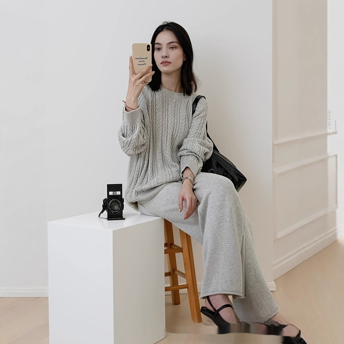 Round Neck Knitted Long Sleeve Vertical Stripe Twist Loose All-matching Top Soft Trousers