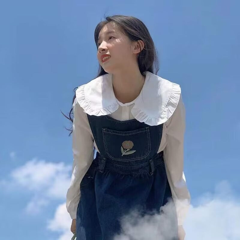 Womens Retro Embroidered Denim Suspender Dress