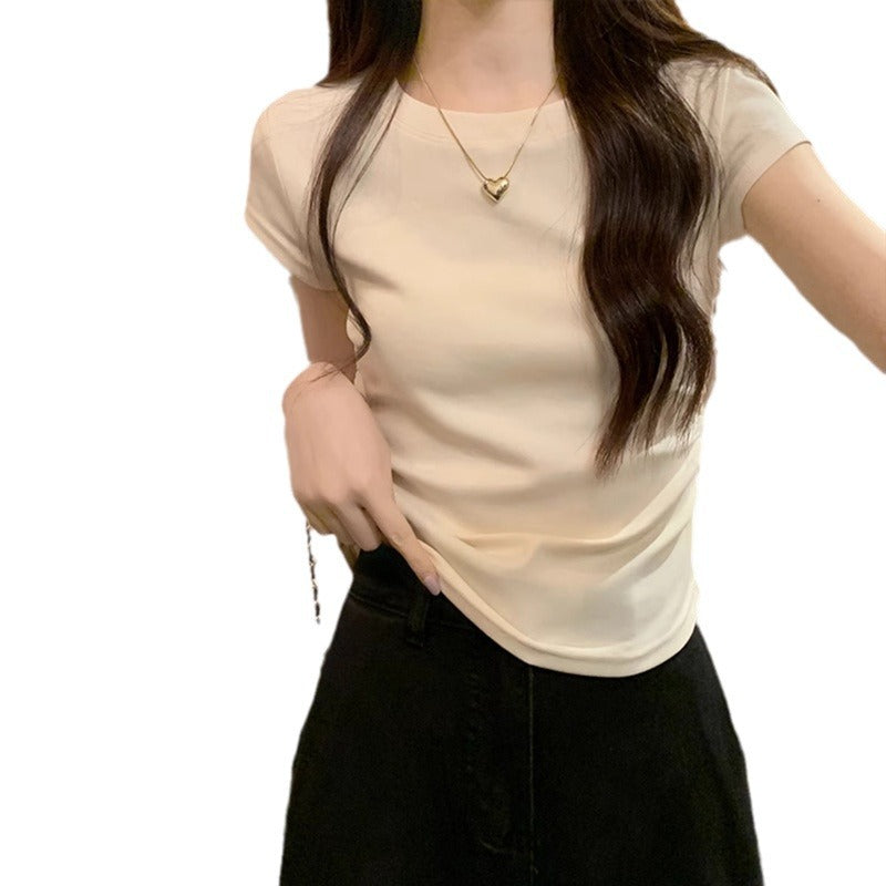 Solid Color Pleated Slim-fit Irregular Design Short Round Neck Top