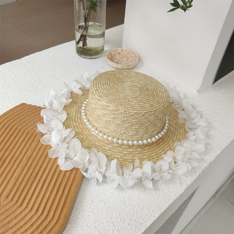 Women's Pearl Lace Flat Top Straw Hat