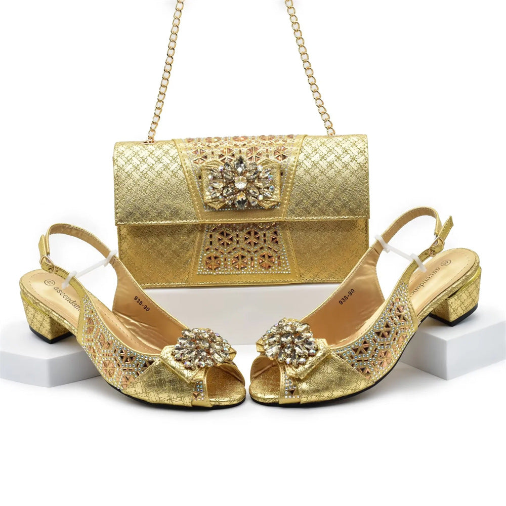Bag Matching Hotfix Rhinestone Accessories Flower Button High Heel Sandals Fashion