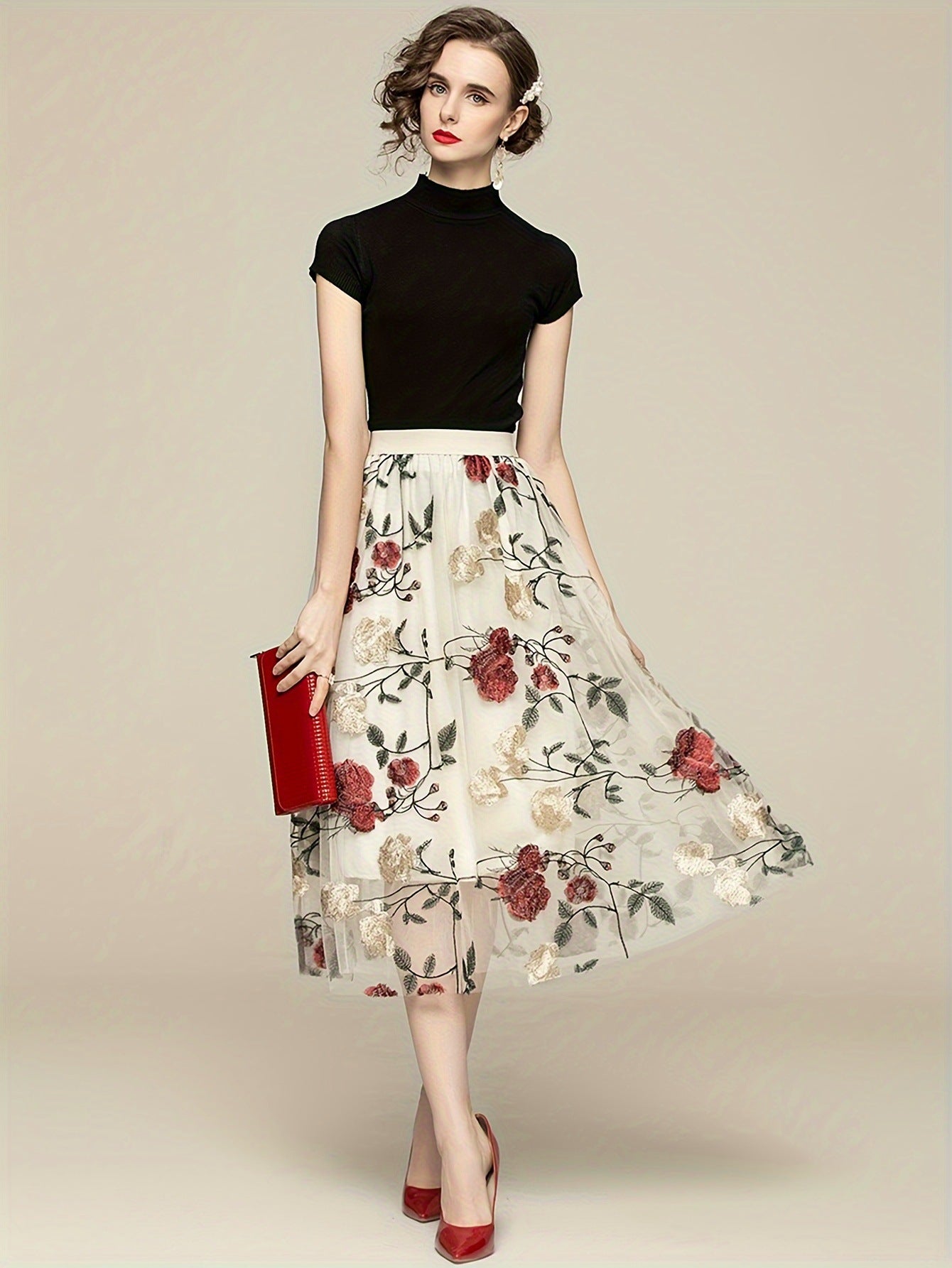 Women's Vintage High-waisted Embroidered Peony Midi Skirt