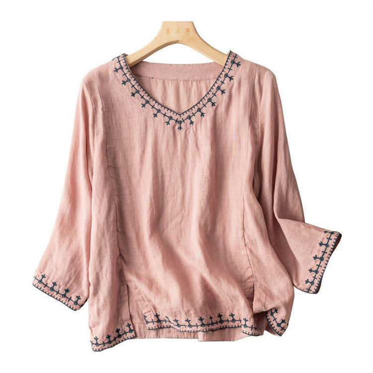 Seven-part Sleeve Embroidered Cotton Linen Top