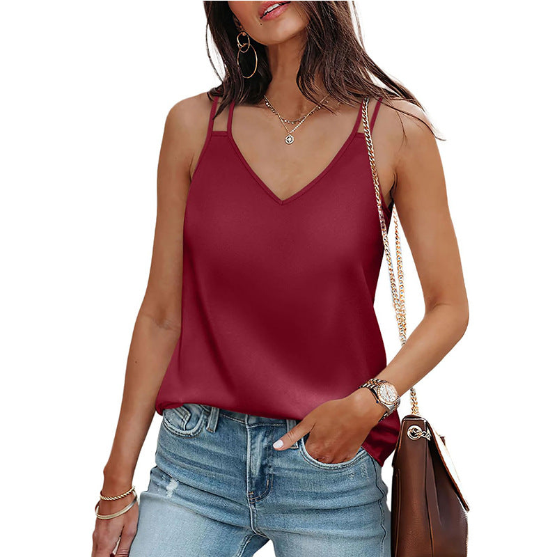 New Solid-color V-neck Camisole Loose-fit T-shirt