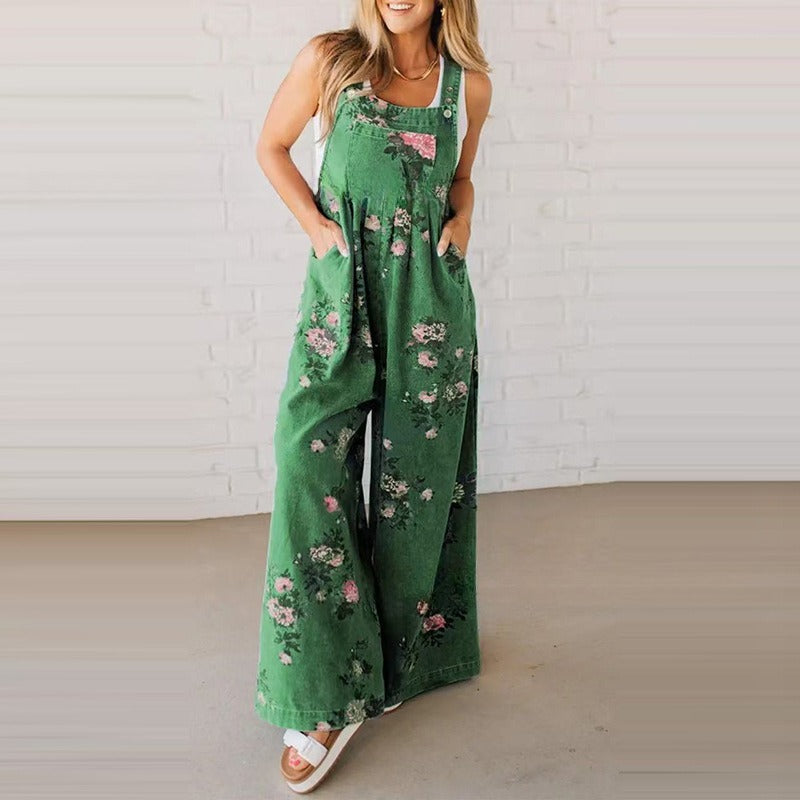 Fashion Denim Floral Print Sleeveless Strap Jumpsuit