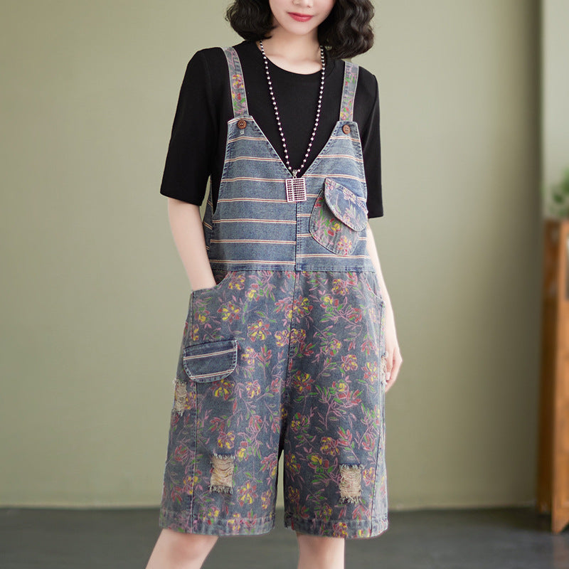 Oversized Chubby Mm Loose And Slim Five Piece Jumpsuit With Printed Denim Straps