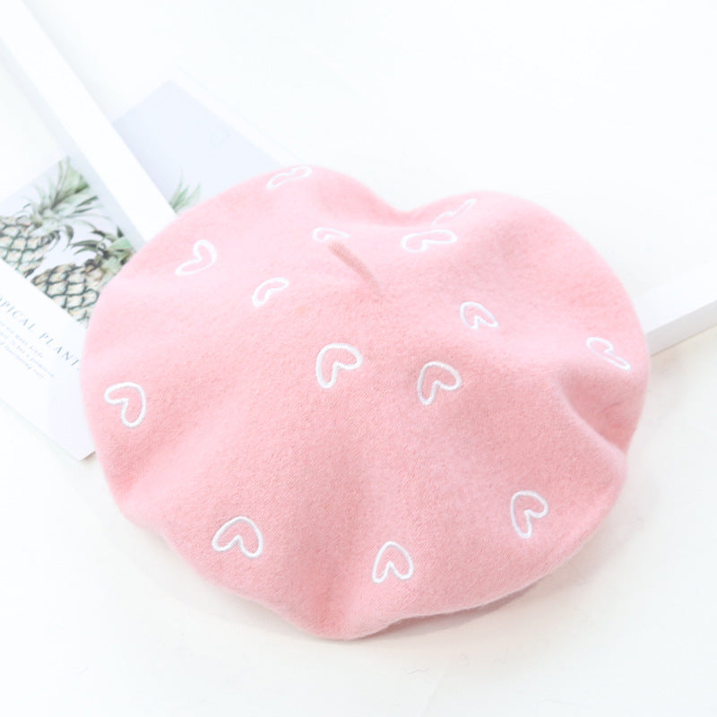 Stitched Ins Style Wool Knit Beret Women's Embroidered Hat