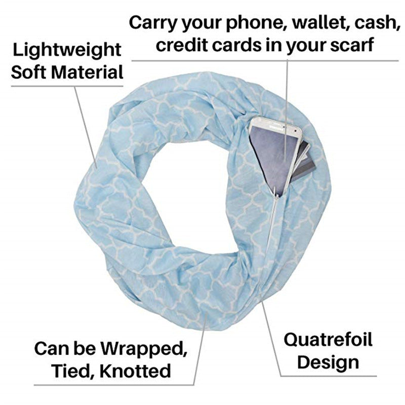 Knitted Infinite Zipper Pocket Scarf Four Petal Flower Print Bib
