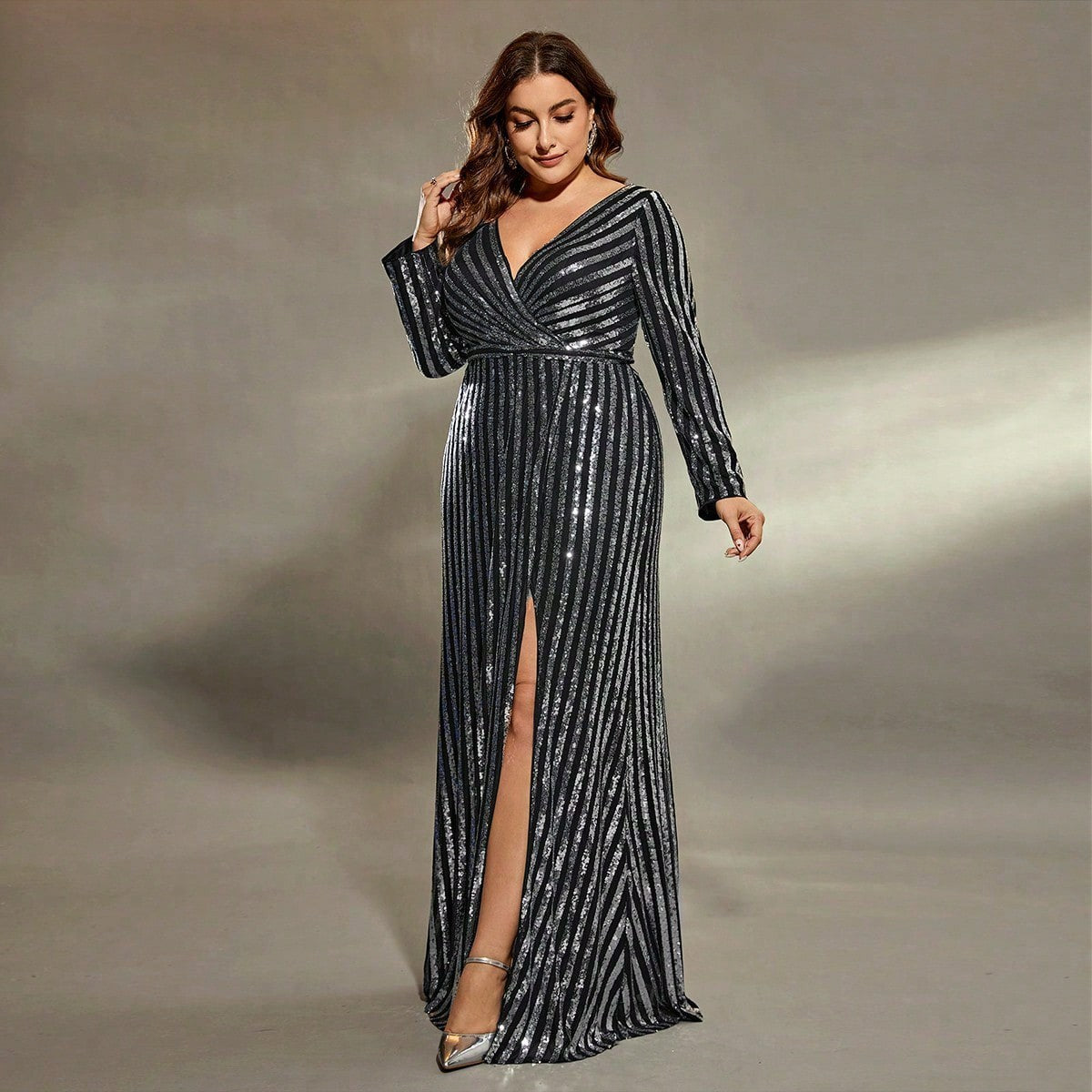 Long Striped V-neck Evening Gown New Design