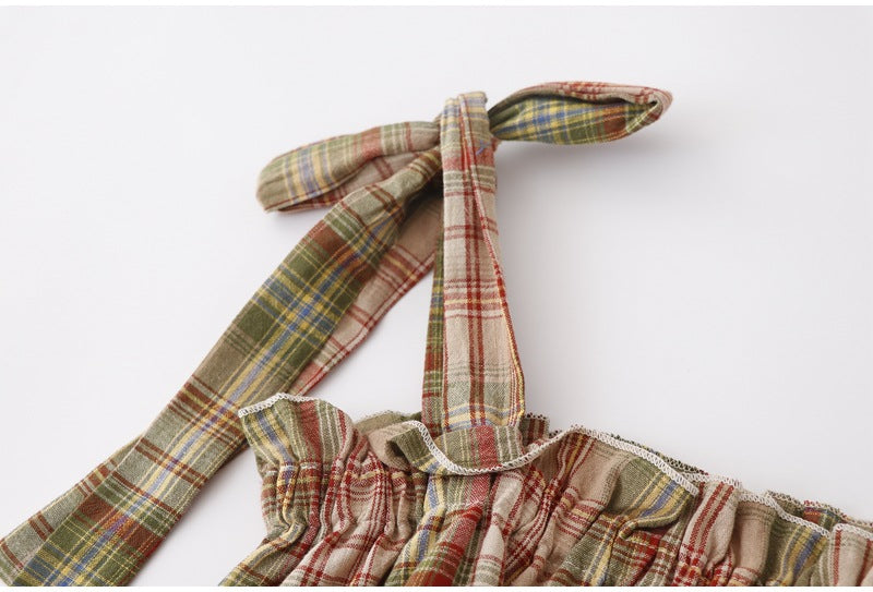Summer New Mori Girl Bow Tie-neck Plaid Spaghetti-strap Camisole Top Women