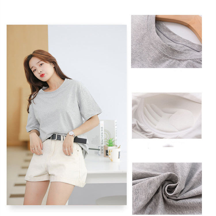 Summer Women's Pure Cotton With Chest Pad Round Neck Short Sleeve
