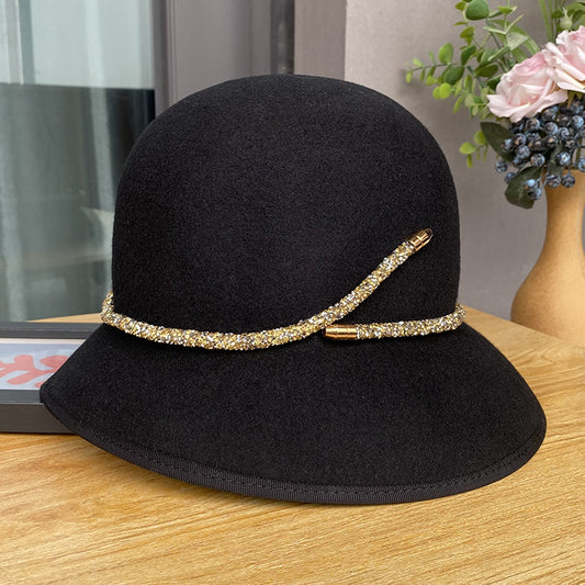 Enkel Bæltepynt Spand Dame Efterårs- Og Vintermode All-match Uld Tophat