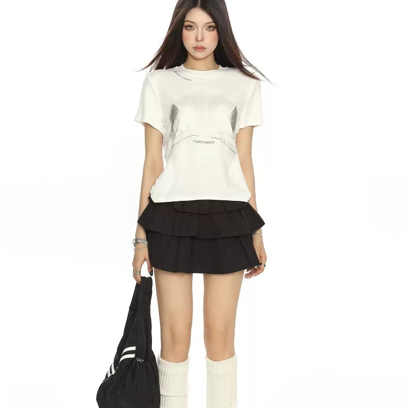 Printed Shoulder Short-sleeved T-shirt For Women Summer Idle Style
