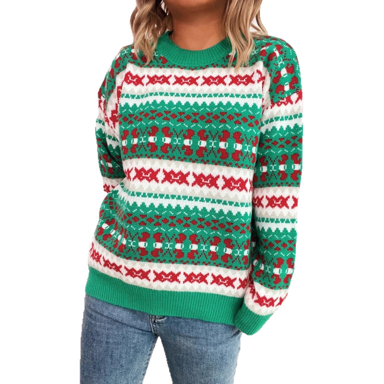 Cute Pattern Jacquard Contrast Color Round Neck Long Sleeve Casual Sweater