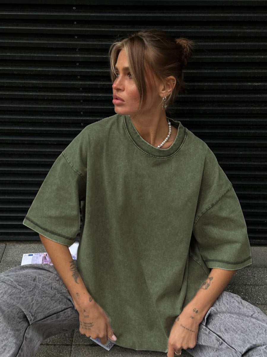 Washed Old Short-sleeved T-shirt European And American Relaxed Casual Round Neck