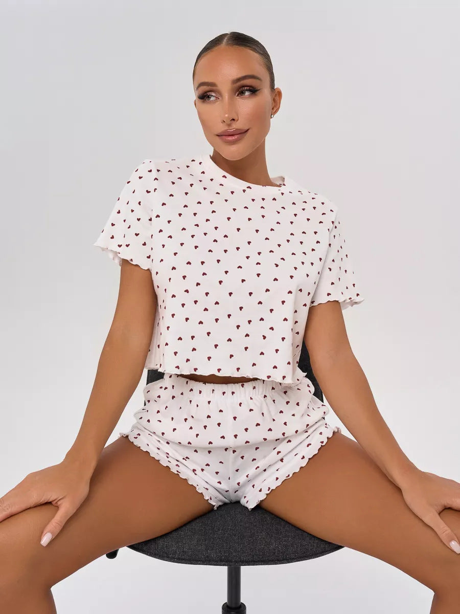 Cotton Heart Print Short Sleeve Pajama Set With Shorts Womens Casual Loungewear