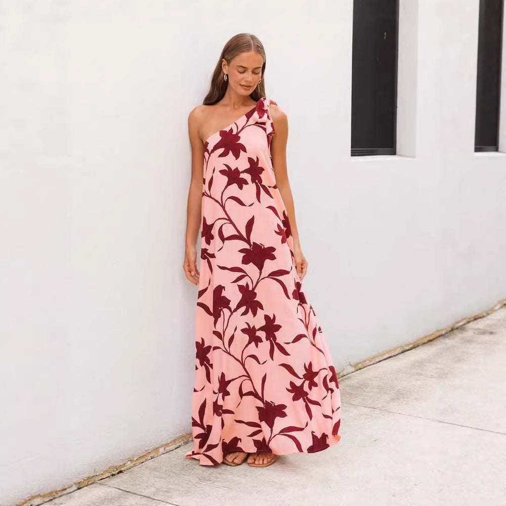 Summer Printed Off Shoulder Lace Up Sexy Resort Style Maxi Dress