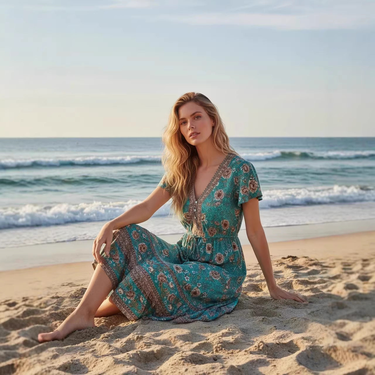 Womens Casual V-Neck Printed Dress