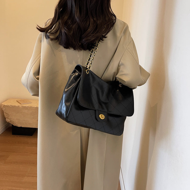 Retro Enkel Taske med Stor Kapacitet, Diamantmønstret Kædetaske, Skuldertaske/Crossbody