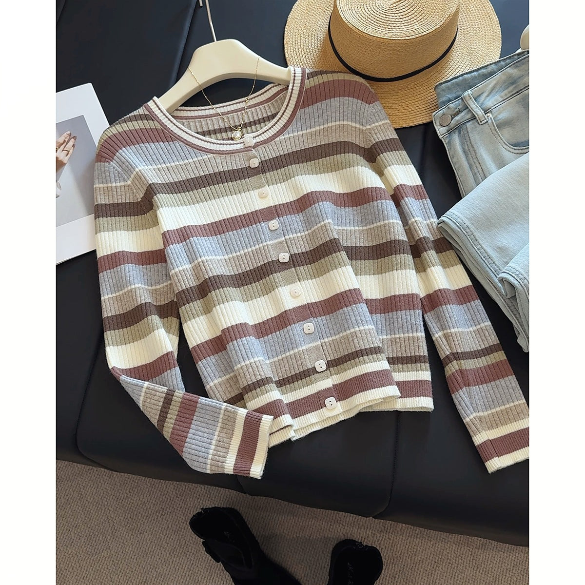 Women's Long-sleeved Striped Knit Sweater Thin Fitted Base Sweater