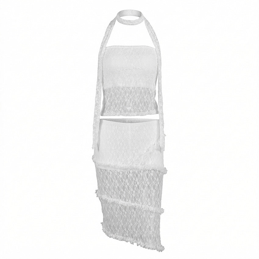 Pure And Seductive White Lace Tube Top And Waist-Cinching Set