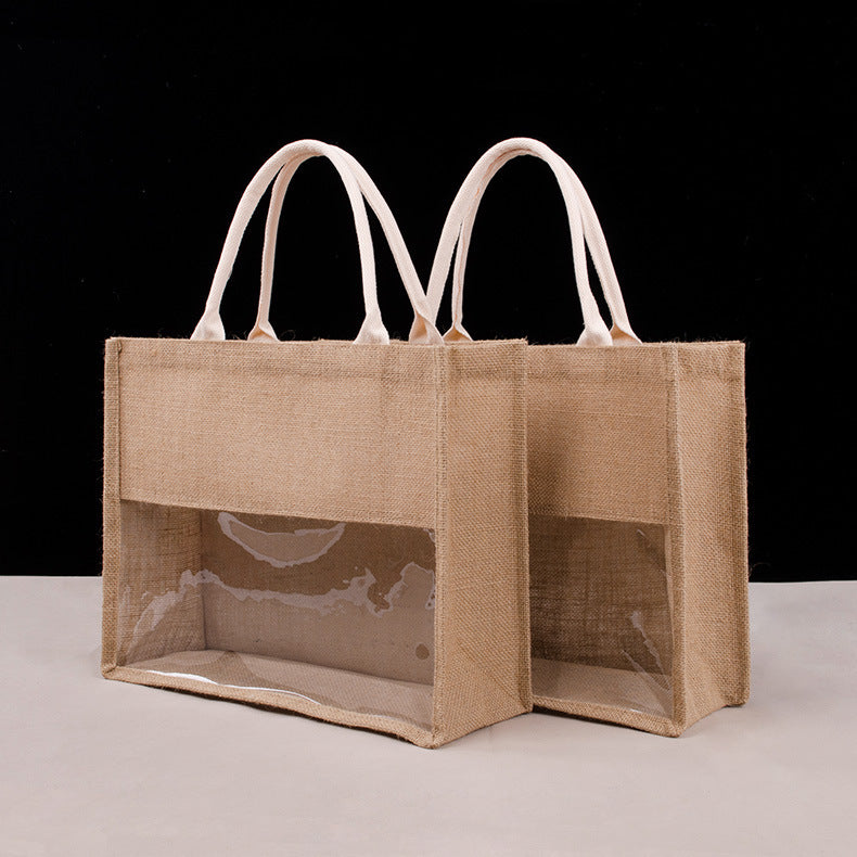 Transparent Film Splicing Visual Shopping Large Capacity Portable Burlap Bag