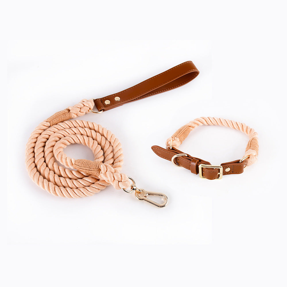 Woven Cotton Rope Leather Pet Dog Collar Suit