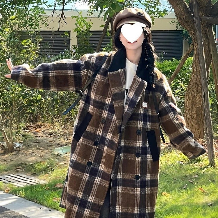 Dame uldfrakke i koreansk-stil med tern