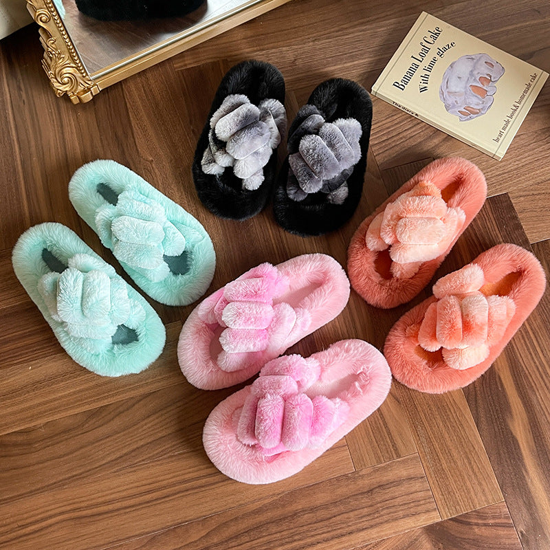 Women's Autumn And Winter New European And American Large Size Cross-gradient Rabbit Fur Slippers