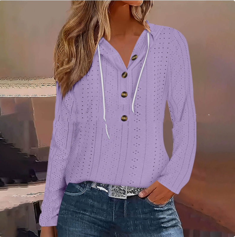 Autumn Solid Color Hollow Knitted Women's Long-sleeved Sweater