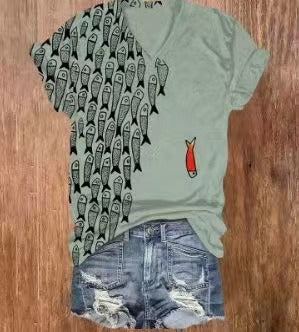 Womens Printed V-Neck Short-Sleeve Top