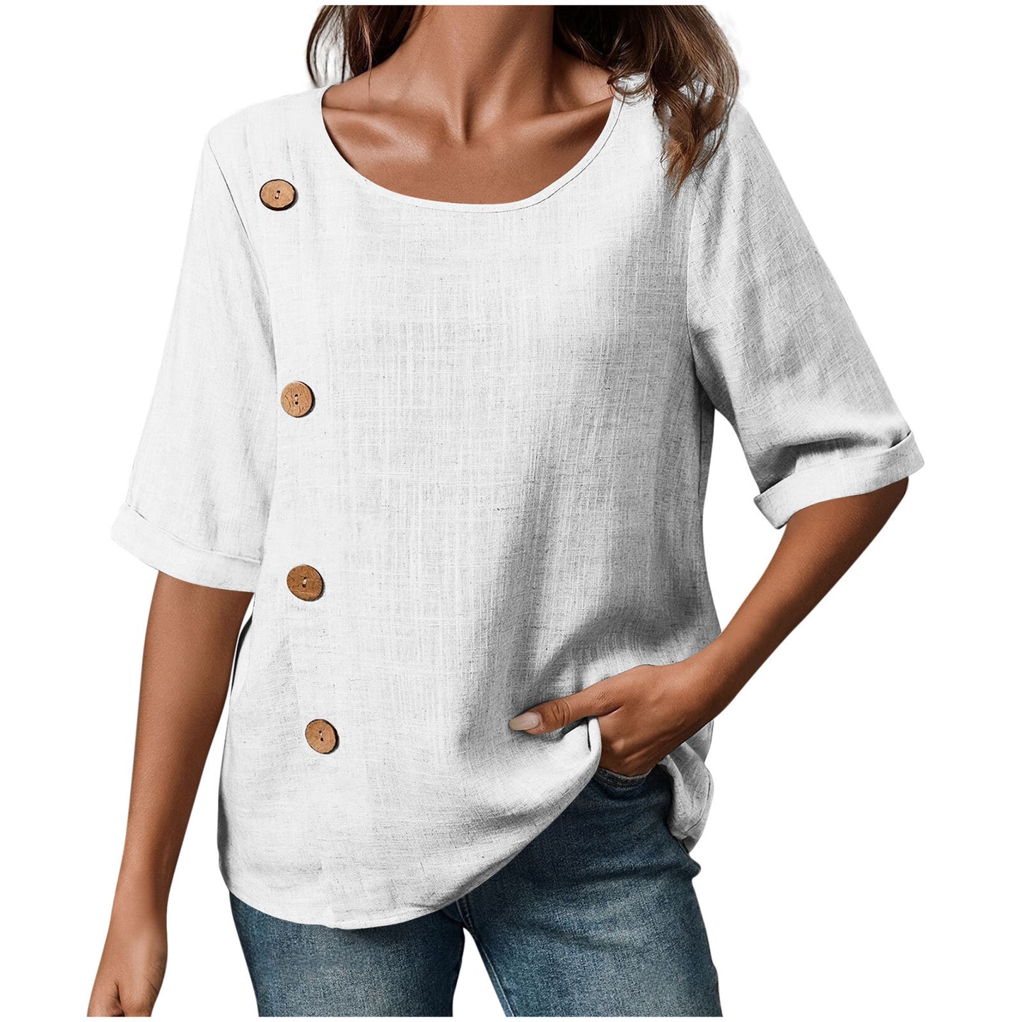 Womens Cotton-Linen Button-Up Fashion Casual Top