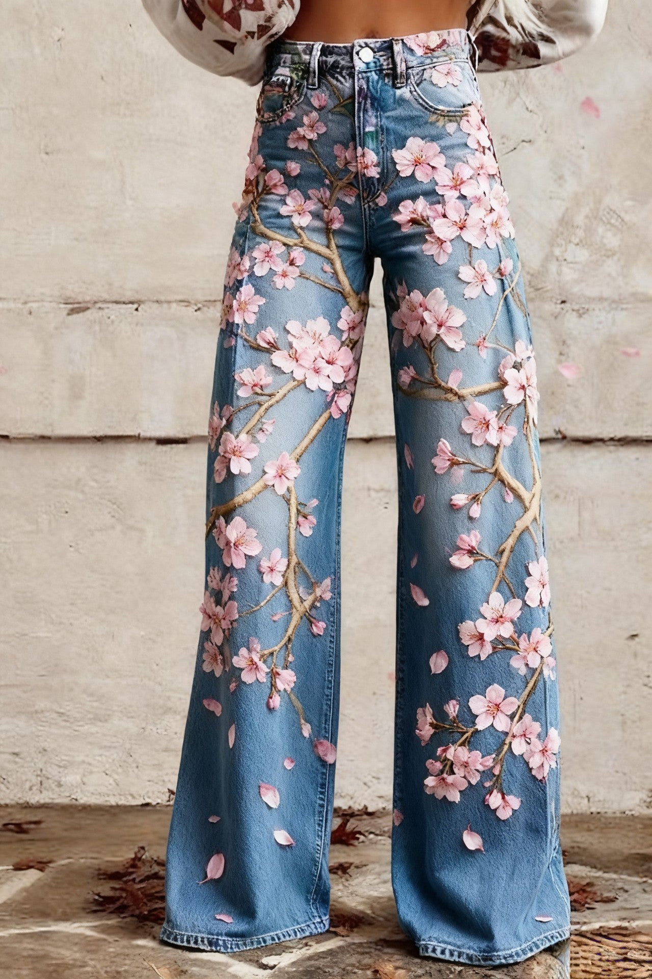 Floral-patterned Slim-fit Faux Denim Wide-leg Pants