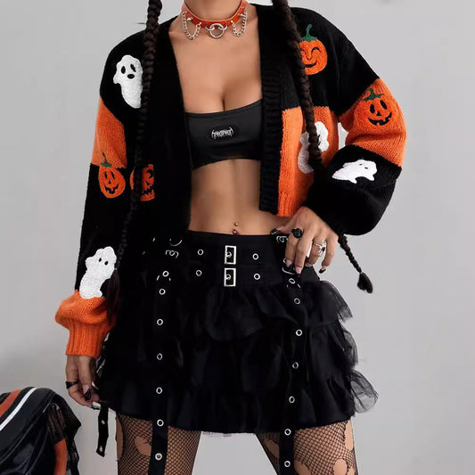 European And American Ghost Pumpkin Pattern Sweater Cardigan
