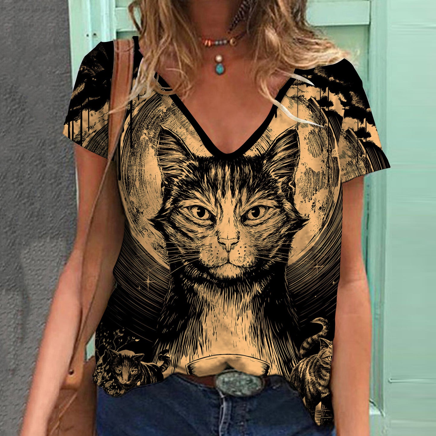 Women's Top Print V-neck Short-sleeved T-shirt