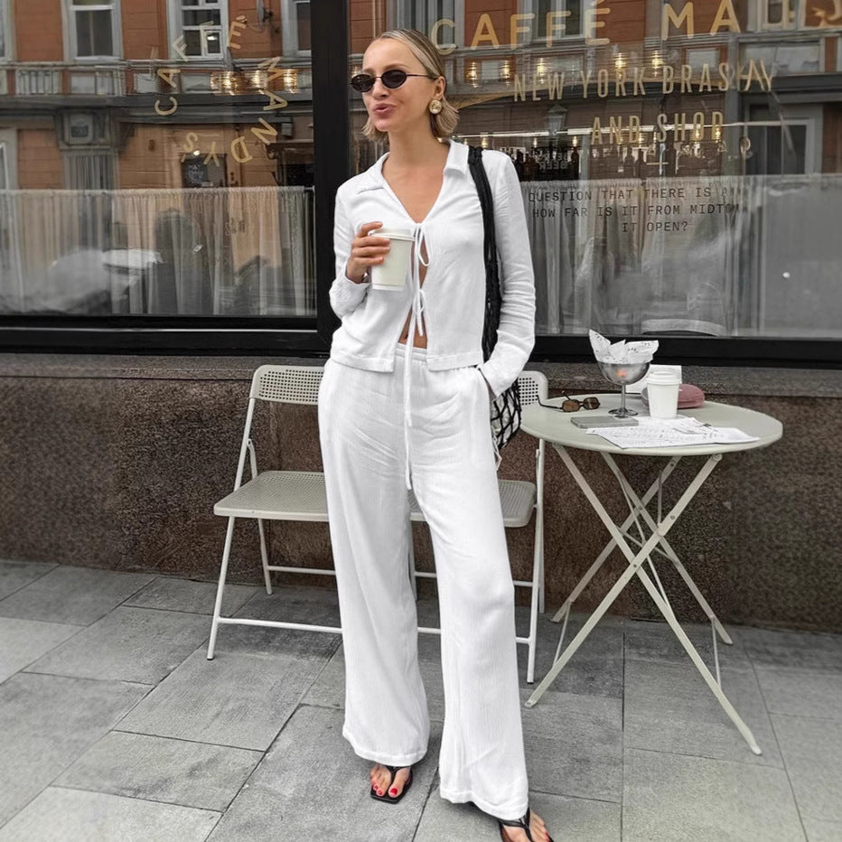 Fashion White Tie-front Cardigan Wide-leg Pants