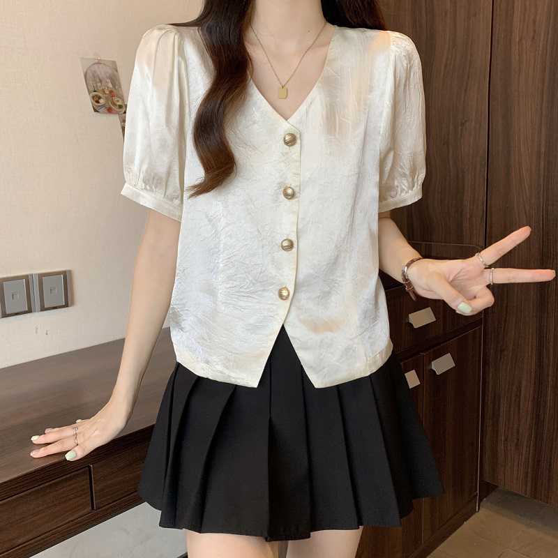 Women's Korean-style V-neck Solid Color Acetate Shirt With Short Sleeves