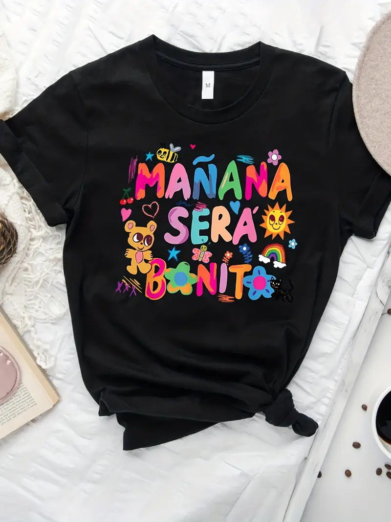 Round Neck Bear Letter Pattern Printed Short Sleeve